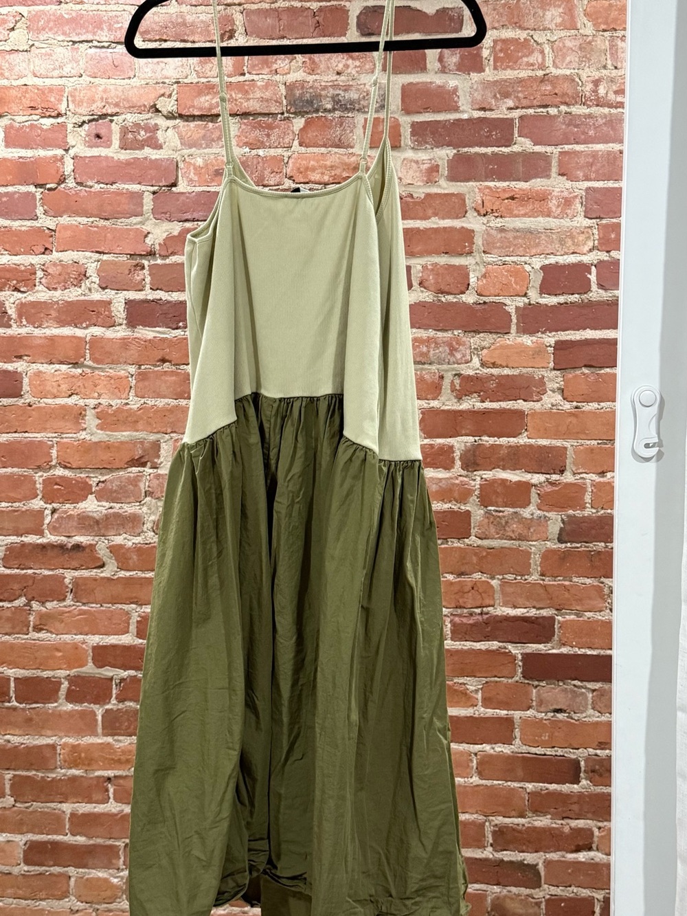 Maeve Two-Tone Olive and Cream Midi Dress with Spaghetti Straps